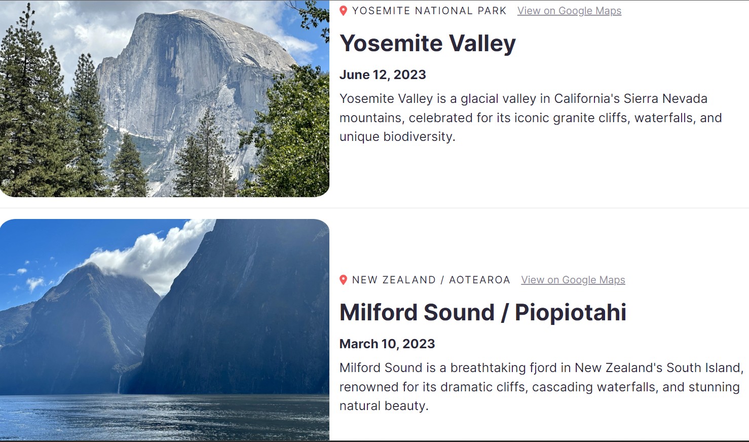 The homepage for my travel journal